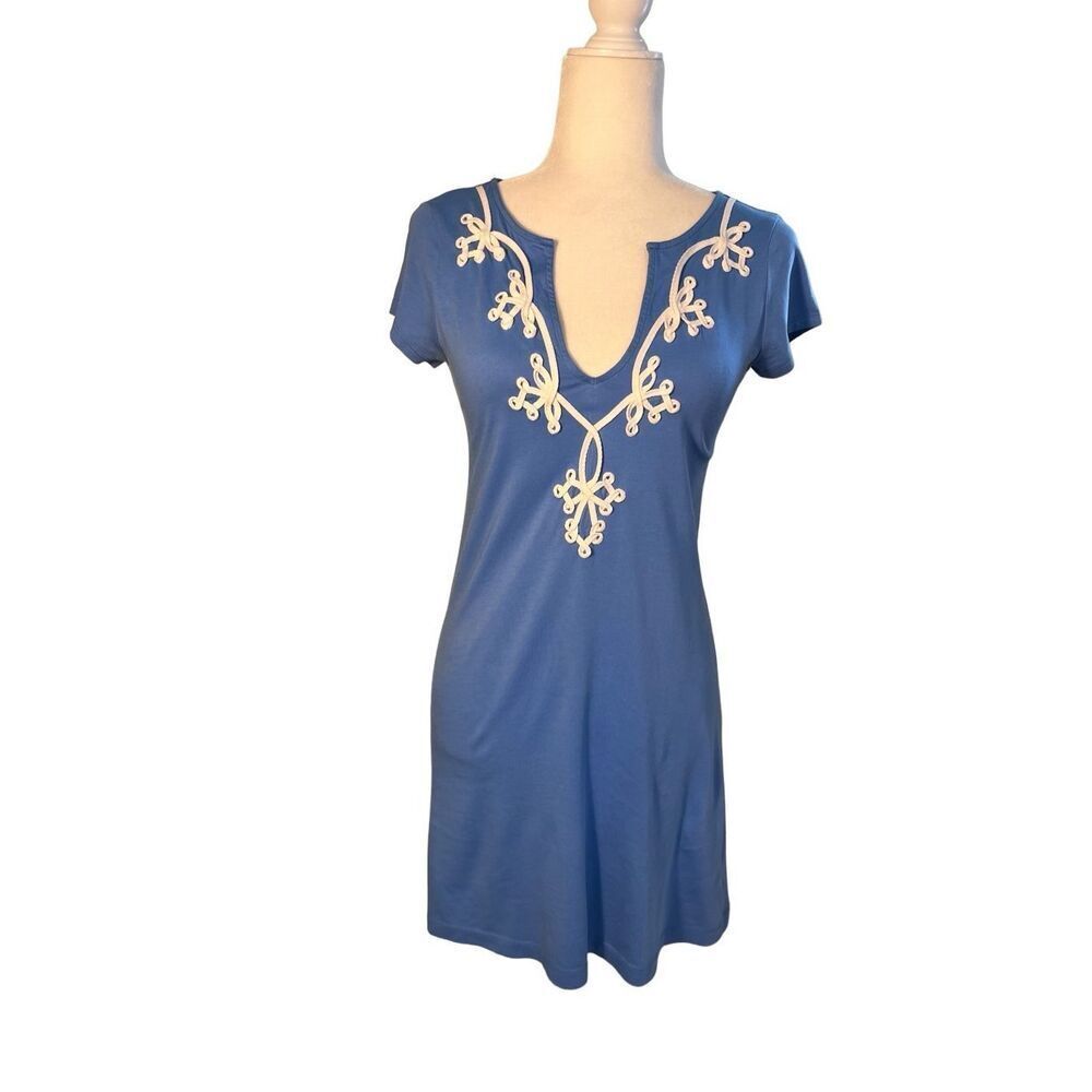 Lilly Pulitzer cobalt blue notched neck short sleeve cotton dress with white emb